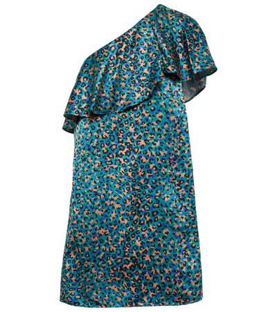 Shop Saint Laurent Leopard-print Silk Minidress In Turquoise Bleu