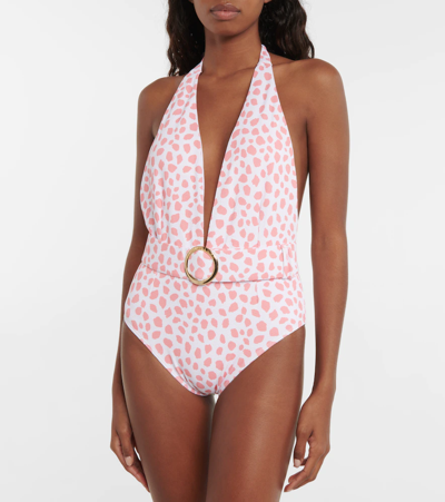 Shop Alexandra Miro Eva Halterneck Belted Swimsuit In Leo Print Pink White