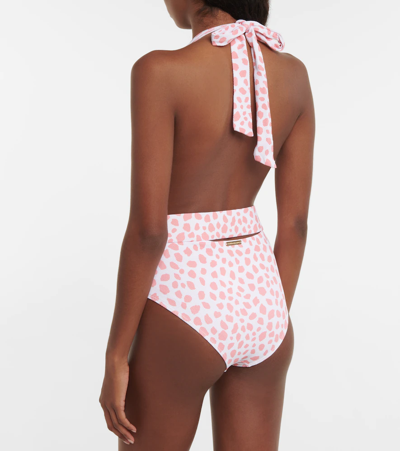 Shop Alexandra Miro Eva Halterneck Belted Swimsuit In Leo Print Pink White