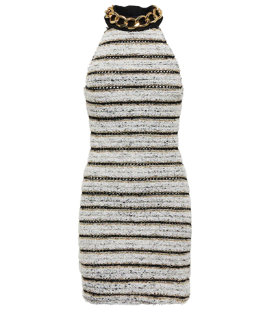 Shop Balmain Embellished Striped Minidress In Noir/blanc/or