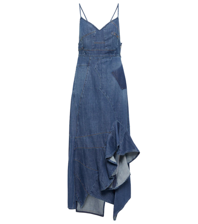 Shop Loewe Ruffled Denim Midi Dress In Blue Denim