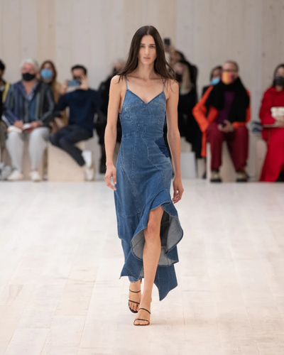 Shop Loewe Ruffled Denim Midi Dress In Blue Denim