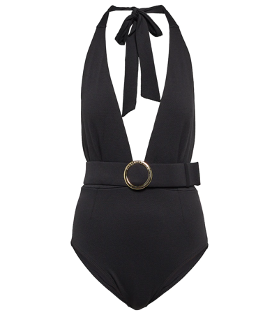Shop Alexandra Miro Eva Halterneck Belted Swimsuit In Black