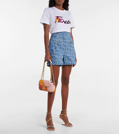 Shop Fendi Logo High-rise Chambray Shorts In Donna