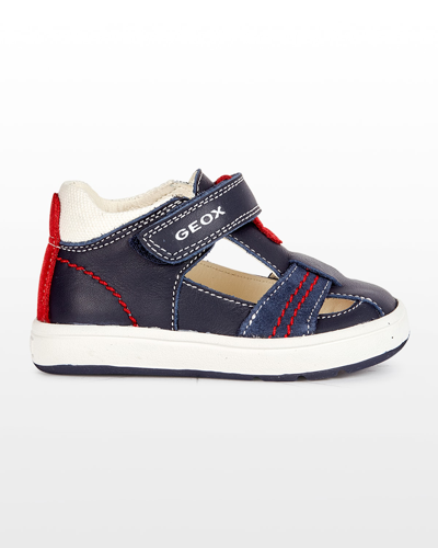 Shop Geox Boy's Biglia T-strap Mix-leather Sneakers, Baby/toddlers In Navy/white