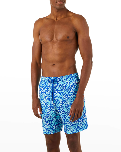 Shop Vilebrequin Men's Okohina Turtle Splash Packable Swim Trunks In Bleu De Mer