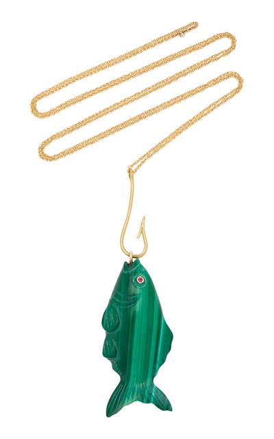 Shop Annette Ferdinandsen Women's Gone Fishing 18k Yellow Gold Malachite; Ruby Necklace In Green