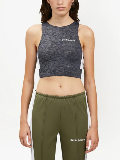 Palm Angels Cropped Printed Marled Stretch Top In Grey