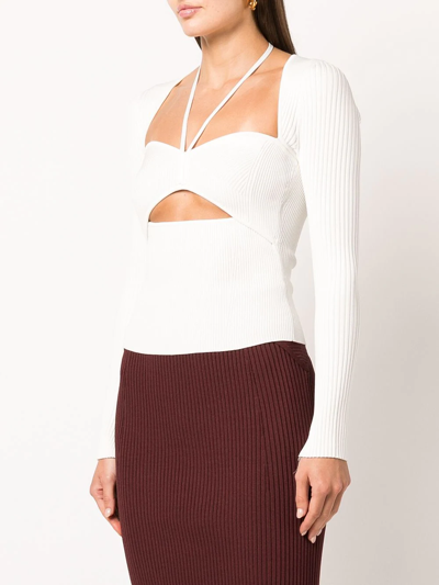 Simkhai Alexia Ribbed Long-sleeve Self-tie Halter Top In Weiss