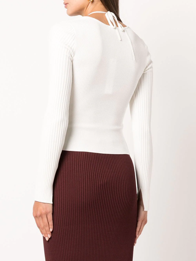 Simkhai Alexia Ribbed Long-sleeve Self-tie Halter Top In Weiss