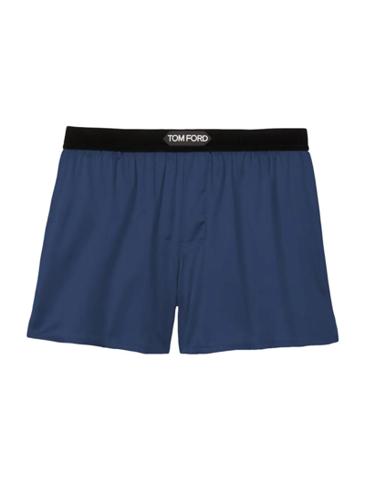 Shop Tom Ford Men's Stretch-silk Logo Boxer Shorts In Midnight Blue