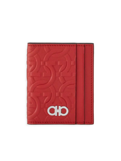 Shop Ferragamo Men's Embossed Gancini Card Case In Red