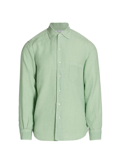 Shop Loro Piana Men's Linen Pocket Button-down Shirt In Pool Green