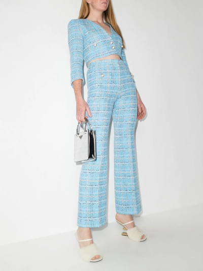 Shop Alessandra Rich Checked Tweed Flared Trousers In Blue