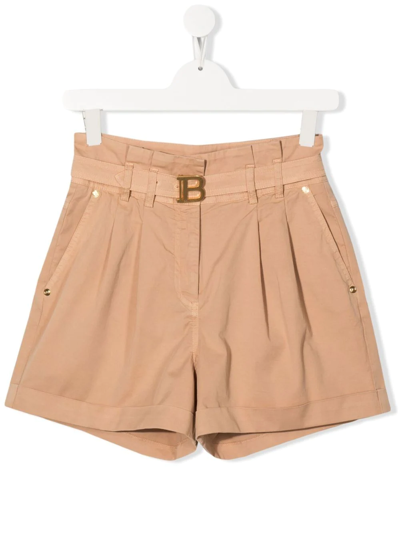 Shop Balmain Teen Logo-plaque High-waisted Shorts In Neutrals