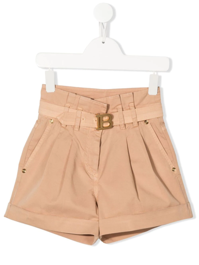 Balmain Logo-plaque High-waisted Shorts In Neutrals