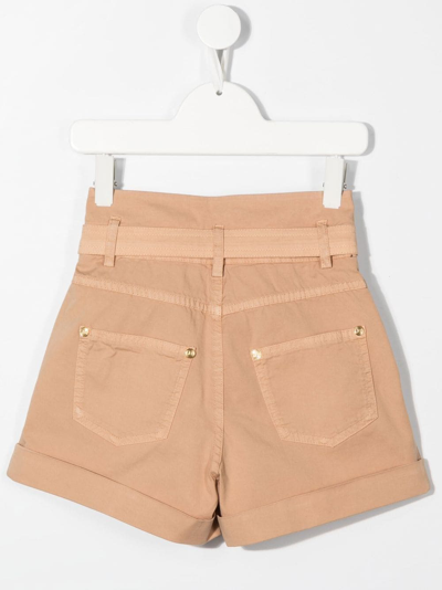 Balmain Logo-plaque High-waisted Shorts In Neutrals