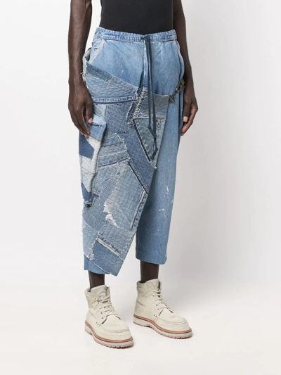 Shop Greg Lauren Patchwork Drawstring-waist Tapered Jeans In Blue