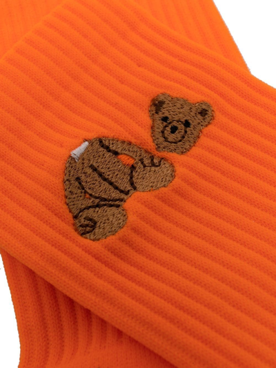 Shop Palm Angels Teddy Bear Embroidered Ribbed-knit Socks In Orange