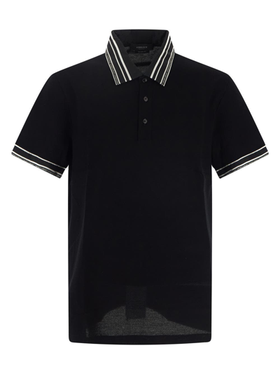 Shop Versace Logo Collar Polo Shirt In Black