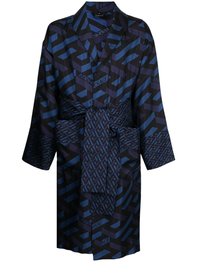 Shop Versace Greca-pattern Silk Robe In Blau