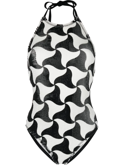 Shop Bottega Veneta Geometric-print Seersucker Swimsuit In Schwarz