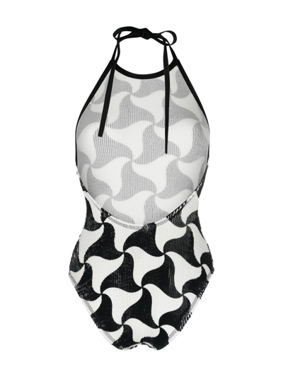 Shop Bottega Veneta Geometric-print Seersucker Swimsuit In Schwarz