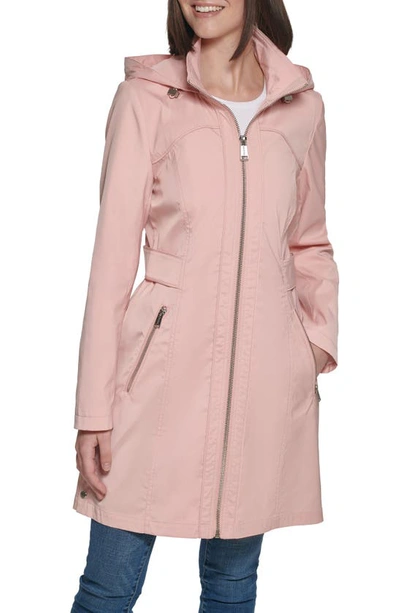 Guess Hooded Soft Shell Ruched Back Longline Rain Coat In Blush | ModeSens