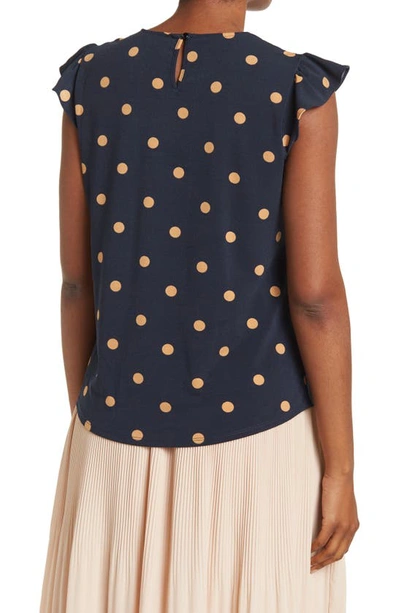 Shop Adrianna Papell Print Moss Crepe Ruffle Sleeve Shirt In Navy/ Khaki Large Dot