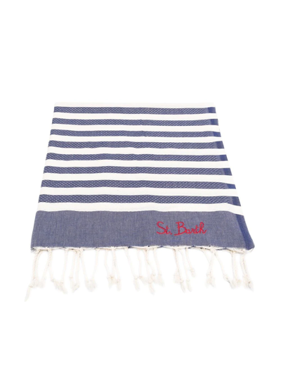 Shop Mc2 Saint Barth Striped Embroidered-logo Beach Towel In Blue