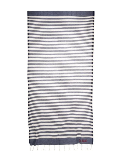 Shop Mc2 Saint Barth Striped Embroidered-logo Beach Towel In Blue