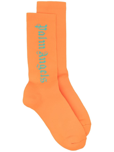 Shop Palm Angels Logo Print Ribbed Socks In Orange