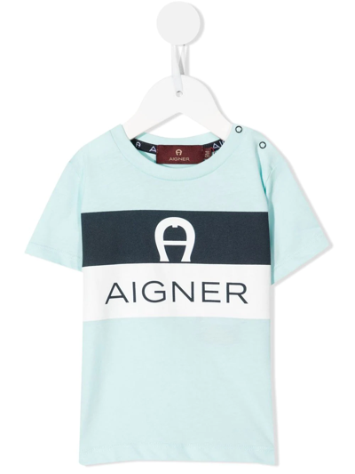Shop Aigner Striped Logo-print Cotton T-shirt In Blue