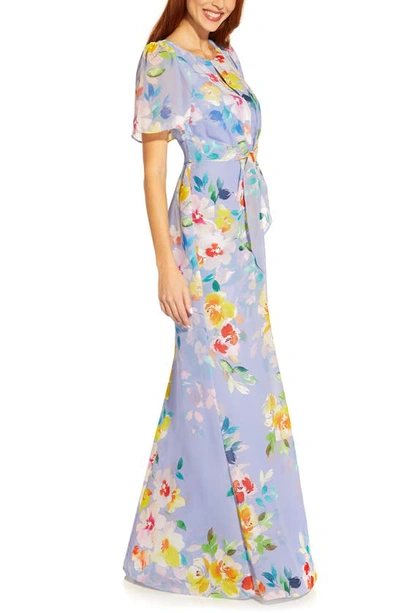 Shop Adrianna Papell Floral Print Chiffon Gown In Peri Multi