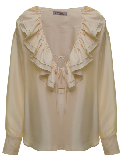 Shop Alberto Biani Woman Ivory Colored Silk Shirt With Ruffles In White