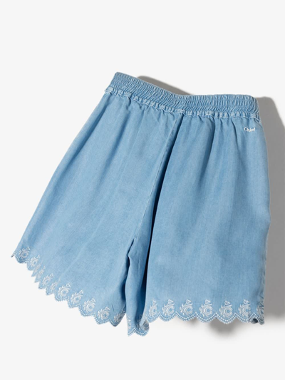 Shop Chloé Kids Shorts In Light Blue Cotton Tenceul With Belt And C Embroidered On The Hem In Denim Light Blue