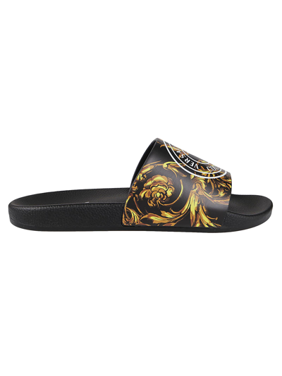 Shop Versace Jeans Couture Printed Coated Garland Slides In Black/gold
