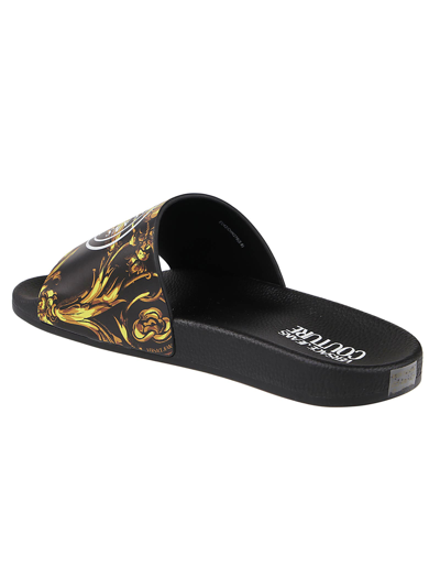 Shop Versace Jeans Couture Printed Coated Garland Slides In Black/gold