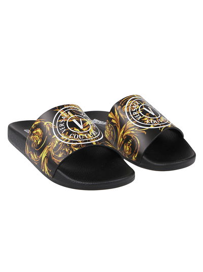 Shop Versace Jeans Couture Printed Coated Garland Slides In Black/gold