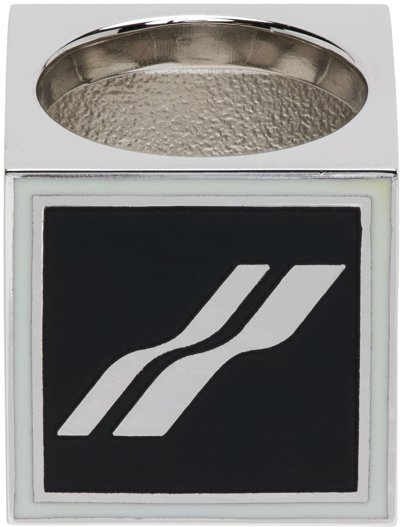 We11 Done Silver & Black Square Logo Dice Ring In Black/white