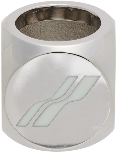 We11 Done Silver & White Logo Dice Ring In White