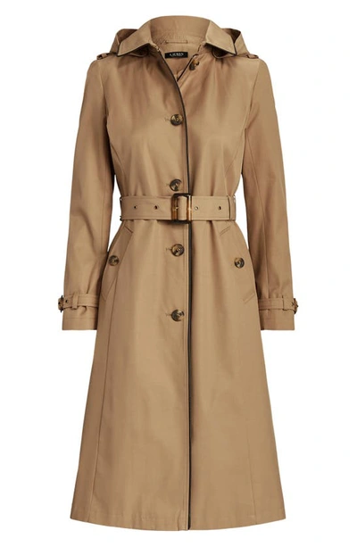 Ralph Lauren Water Resistant Cotton Blend Trench Coat With Removable Hood In Sand