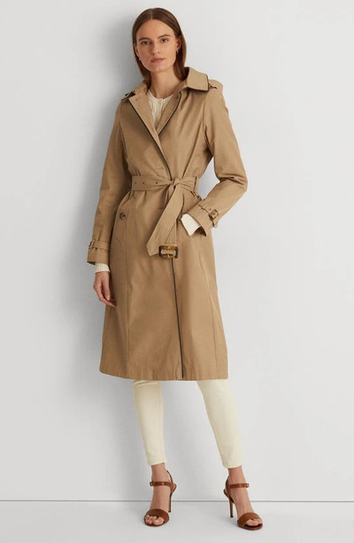 Ralph Lauren Water Resistant Cotton Blend Trench Coat With Removable Hood In Sand
