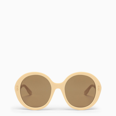 Shop Gucci Cream Round Frame Sunglasses In Yellow