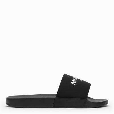 Shop Moncler Lack Logo-lettering Slippers In Black