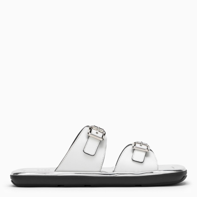 Shop Prada Metallic Silver Leather Sandal In White