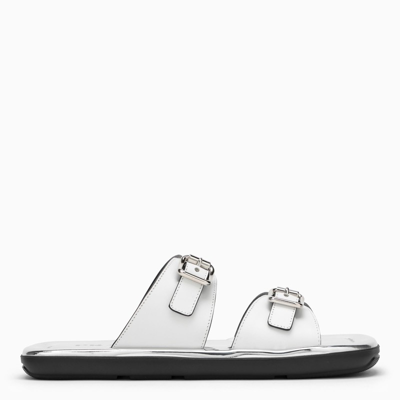 Prada Natural 20mm Double Buckle Slide Sandal With Metallic Soles