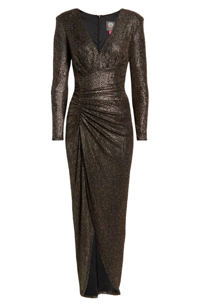 Shop Vince Camuto Metallic Snake Print Long Sleeve V-neck Sheath Gown In Gold