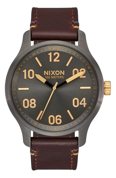 Shop Nixon Patrol Leather Strap Watch, 42mm In Brown/ Gunmetal
