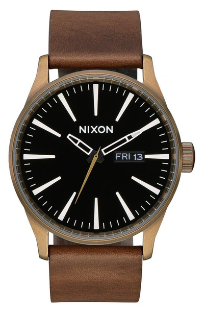 Shop Nixon The Sentry Leather Strap Watch, 42mm In Brown/ Black/ Brass